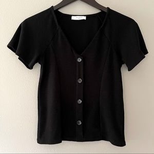 ELODIE Black Ribbed Short Sleeve Top with Flutter Sleeves